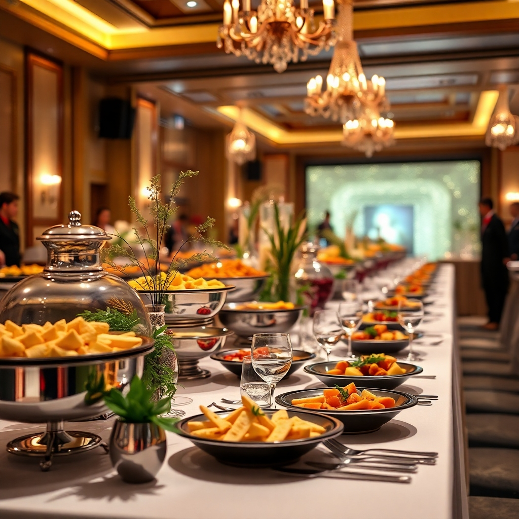A photorealistic image depicting an elegantly arranged buffet or a beautifully set table for a catered event. The composition should showcase the impressive scale of the event.  Lighting is bright and festive, emphasizing the celebratory atmosphere. The color palette is elegant and visually appealing. The camera angle is from a low angle or a wide angle shot. Texture details are important; showing the high quality of the food and setting. The environment is an upscale event venue. The style is event photography and food photography blended. The resolution is 4K and the image should be high quality.