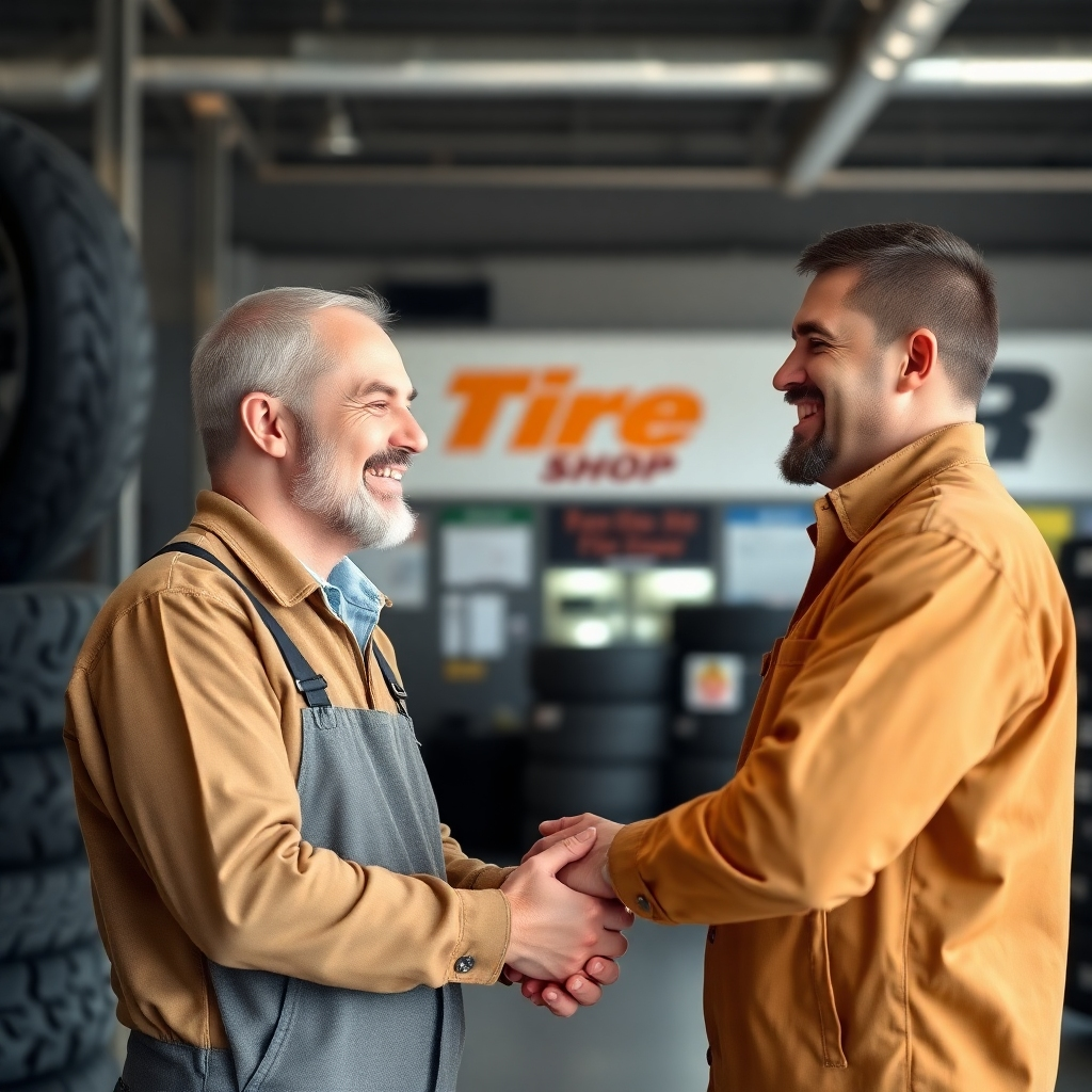 A photorealistic image depicting a friendly interaction between a customer and a tire shop employee. The employee should be smiling and explaining something to the customer, who should also look happy and satisfied. The setting is a clean and welcoming tire shop. The image should convey a positive and trustworthy atmosphere, with subtle branding elements of the tire shop visible in the background.