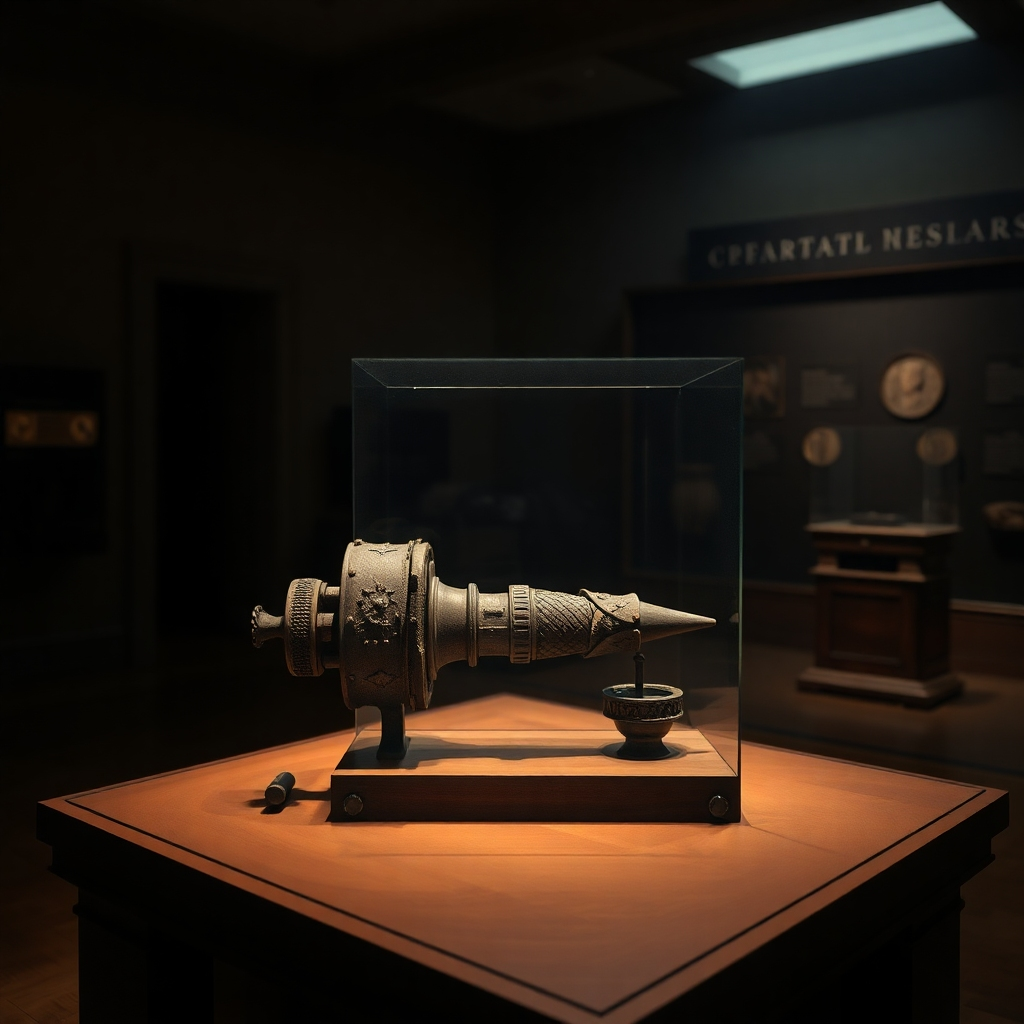 A photorealistic image depicting a restored historical artifact displayed prominently in a museum setting. The lighting should be dramatic and evocative. The background should reflect the historical significance of the artifact. The color palette should enhance the ambiance of the historical setting. The overall mood should convey a sense of pride and reverence for the past.