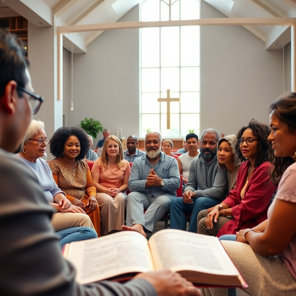 A photorealistic image depicting a diverse group of people of different ages and ethnicities sitting in a circle in a modern church sanctuary, attentively listening to a pastor or spiritual leader who is offering a comforting and encouraging message. The lighting should be soft and warm, emphasizing the feeling of peace and community. The focus should be on the expressions of hope and connection on the faces of the individuals.  Include subtle details like an open Bible and a few symbolic religious elements in the background.