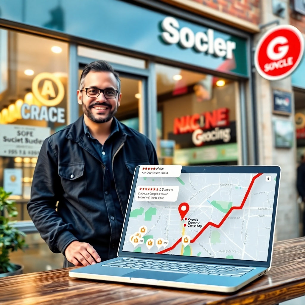 A photorealistic image depicting a business owner smiling confidently in front of their thriving storefront, with a laptop displaying a map highlighting their business location with numerous positive reviews surrounding it. The scene is bright and vibrant, conveying a sense of success and online visibility.  The image should include subtle visual elements to represent high Google rankings, such as a prominent Google Maps icon and a graph showing upward trending search results.