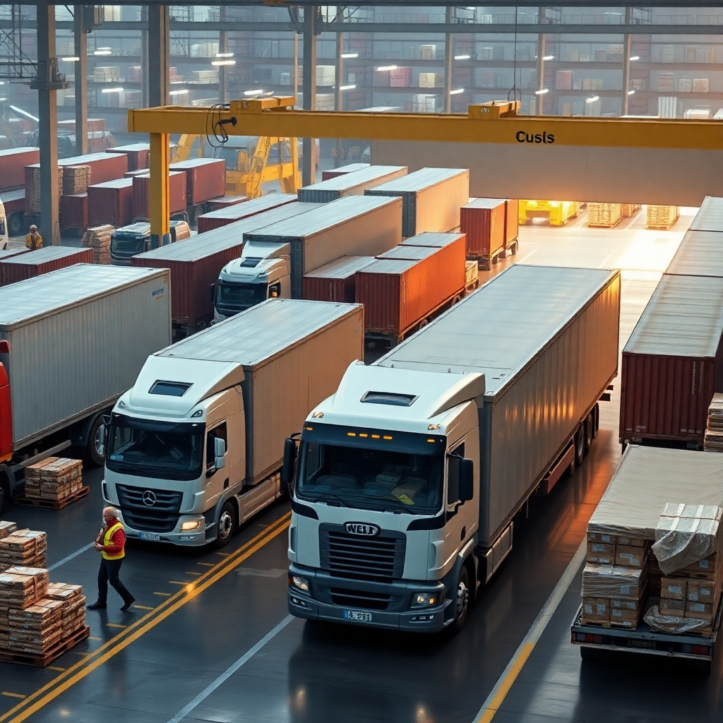 A photorealistic image depicting a bustling logistics hub with multiple semi-trucks loading and unloading goods.  Show diverse types of cargo, from pallets to containers.  The scene should be brightly lit and capture the sense of movement and efficiency of a modern distribution center. Workers should be visible, interacting with the trucks and cargo.