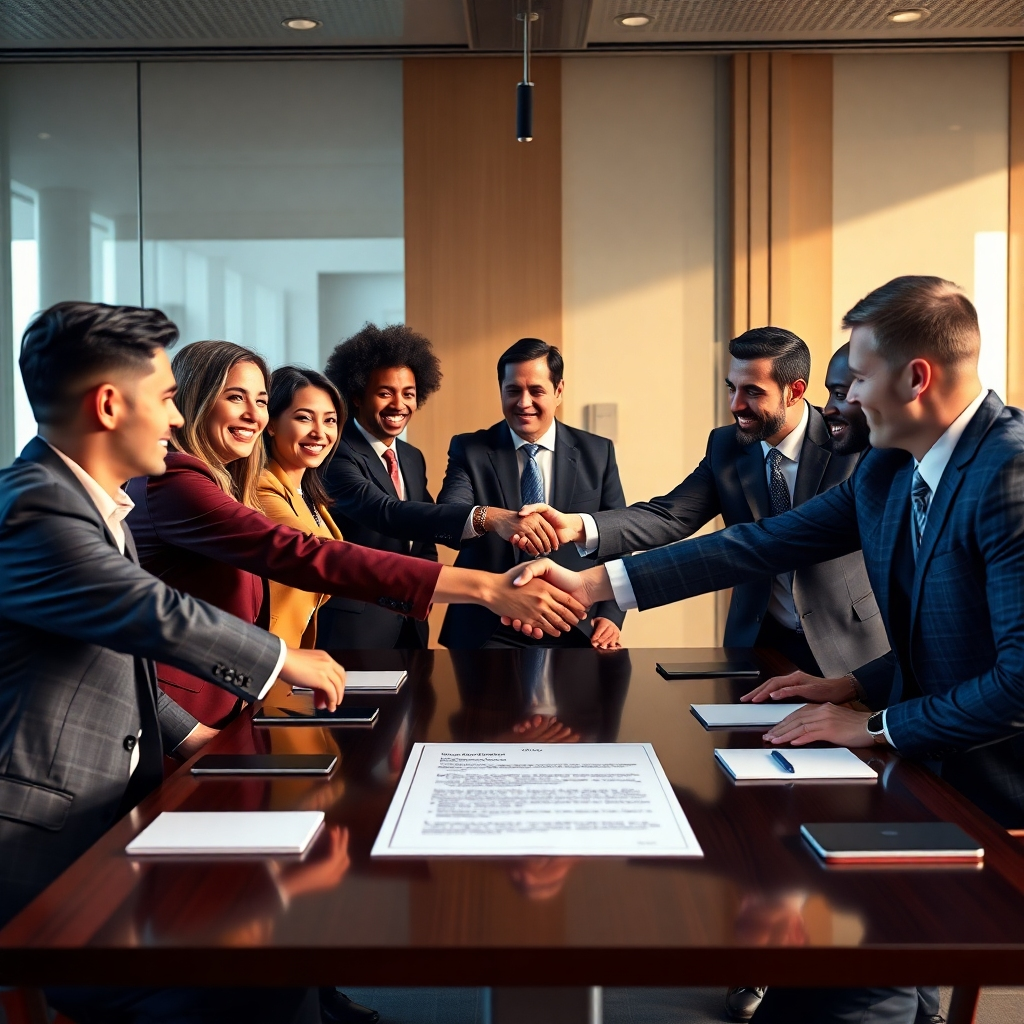  A photorealistic image depicting a diverse group of business professionals shaking hands around a table with a signed funding agreement visible. The setting should be a modern, upscale conference room.