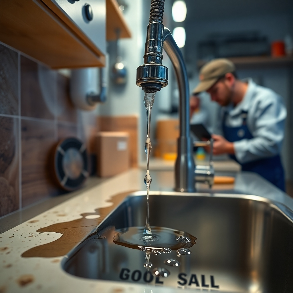 A photorealistic image depicting a dripping faucet with water damage visible on the surrounding counter and cabinet. In the background, a plumber is shown carefully examining the pipes. The image needs to be very sharp and detailed, highlighting the water damage and the professionalism of the plumber inspecting the area.