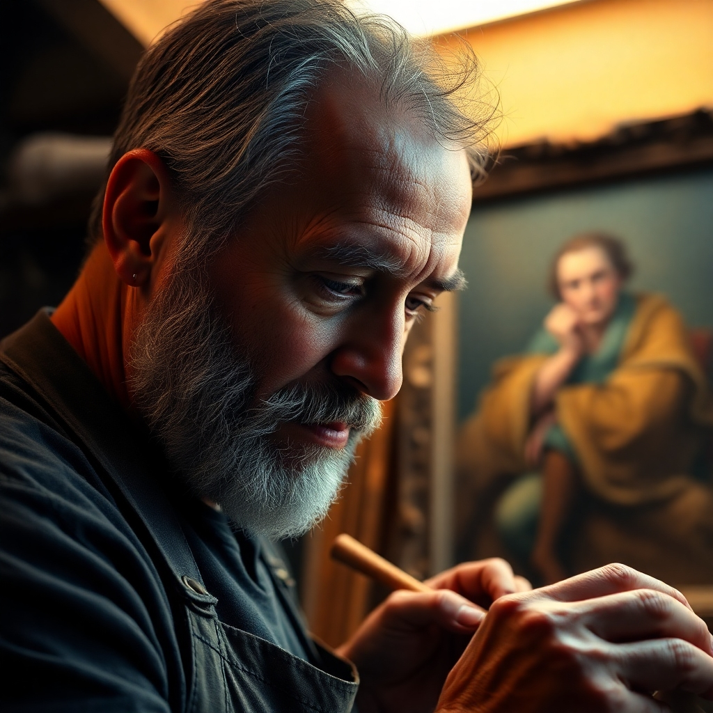 A photorealistic image depicting a portrait of a skilled art restorer, deeply focused on his work, with tools and a partially restored artwork subtly in the background. The lighting should be warm and inviting. The color palette should be subdued and professional. The overall mood should be respectful, conveying the immense skill and devotion required for the profession.