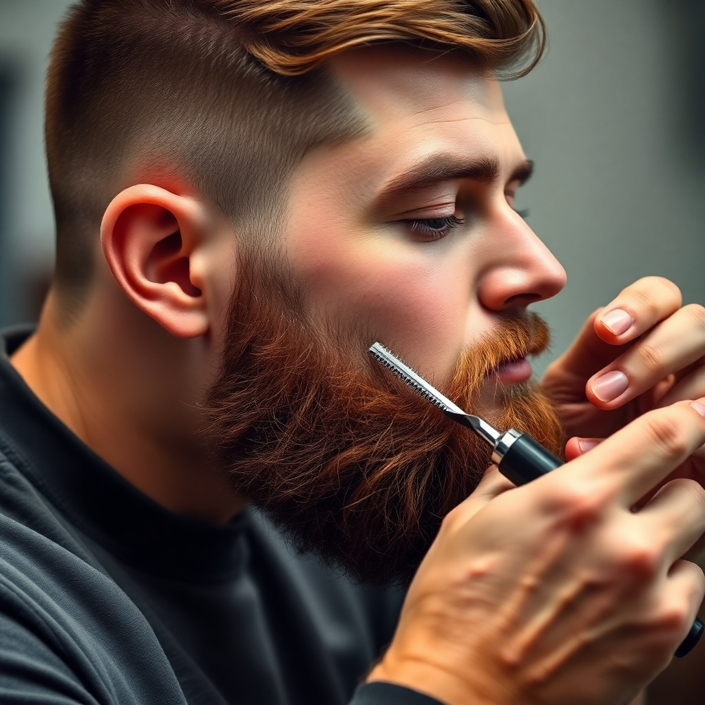 A photorealistic image depicting a barber meticulously trimming a client's beard, focusing on detail and precision.   Show different beard styling options, and use a neutral color palette and soft lighting.