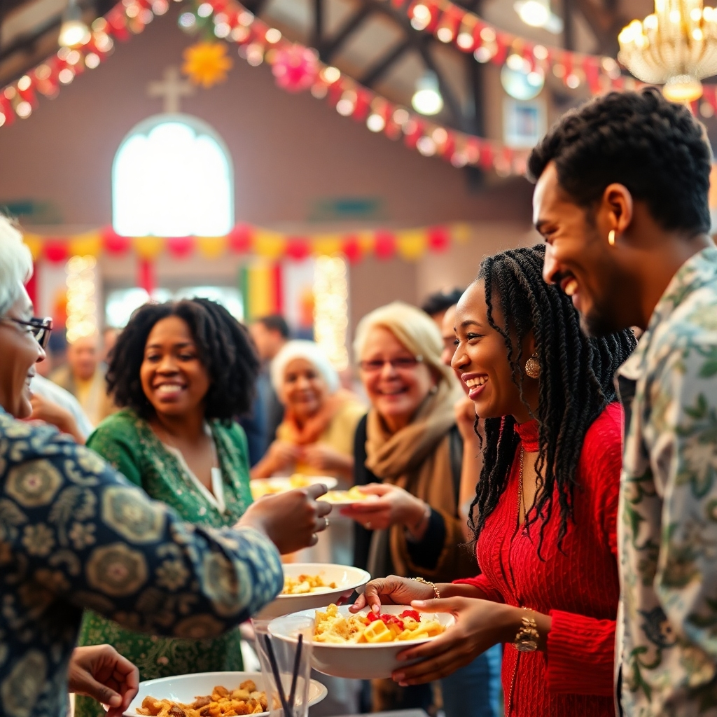 A photorealistic image depicting a vibrant and joyous church event, like a community gathering, a holiday celebration, or a festival. Capture the energy and enthusiasm of the participants, emphasizing diversity and inclusivity. Show people of different ages, ethnicities, and backgrounds interacting positively, laughing, and sharing meals. The lighting should be bright and celebratory, reflecting the atmosphere of unity and fellowship. The background could include decorations and elements reflecting the specific event or a general celebratory atmosphere.