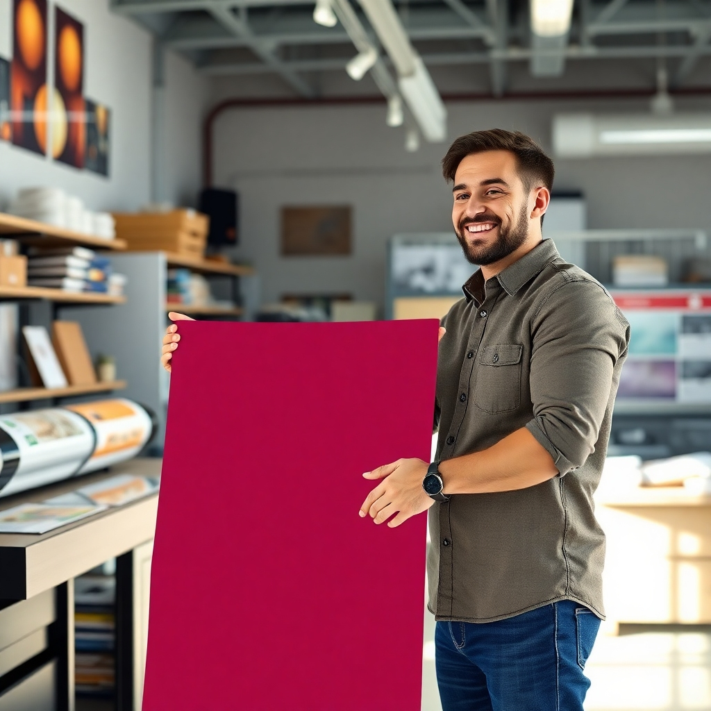 A photorealistic image depicting a happy customer receiving a large, beautifully printed banner. The customer should look genuinely pleased, and the setting should be a professional, yet welcoming print shop. The banner itself should be clearly visible, showcasing its size and quality.