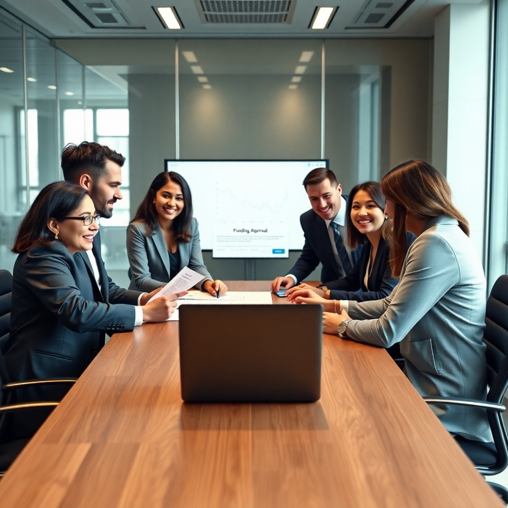 A photorealistic image depicting a diverse group of business professionals around a table, discussing financial documents and a laptop displaying a funding approval notification. The setting should be a sleek, modern conference room with a positive and collaborative atmosphere.