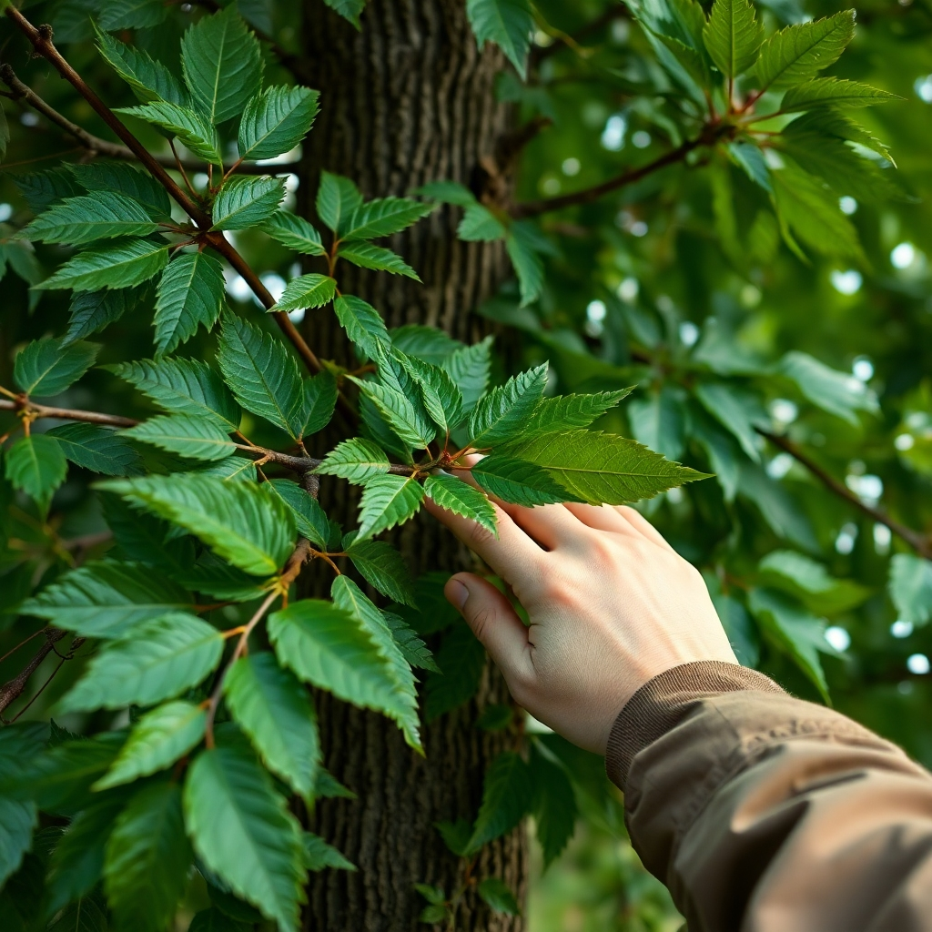 A photorealistic image depicting a detailed visual inspection of a tree, showing close-ups of leaves, bark, and branches with an arborist's hand carefully checking them. Resolution: 4K, High-quality