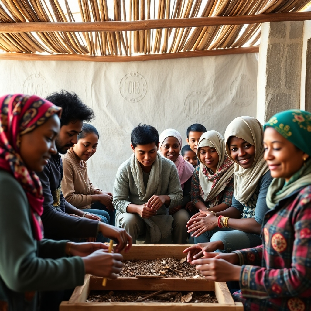 A photorealistic image depicting a diverse group of people from various cultures and backgrounds actively engaged in community service or missionary work, such as building homes, providing medical care, or teaching in a developing country. The image should convey a sense of unity, collaboration, and compassion. Show a mix of ages and ethnicities.