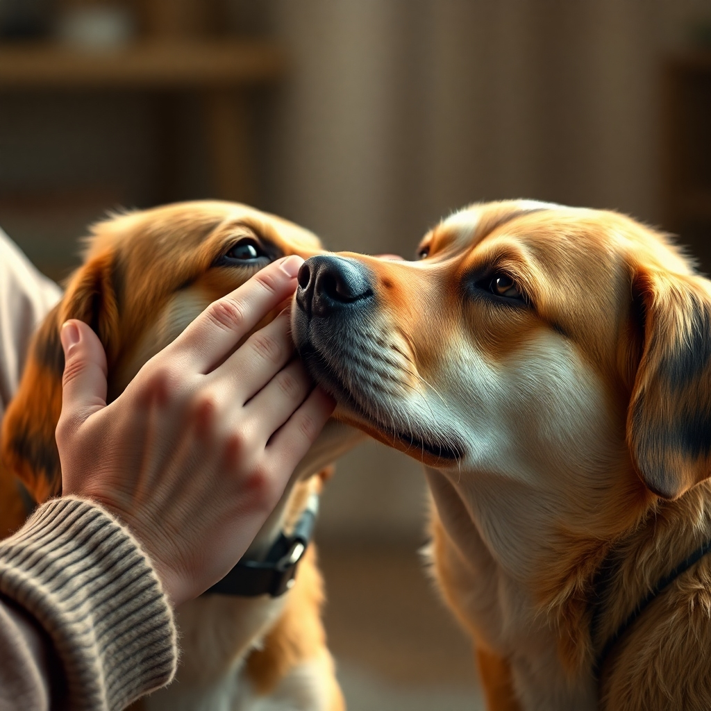 A photorealistic image depicting a close-up interaction between a dog and its owner. The owner is gently touching the dog while attentively observing its body language; the dog appears relaxed and calm. The background is blurred to focus on the interaction.  The lighting is soft and warm.