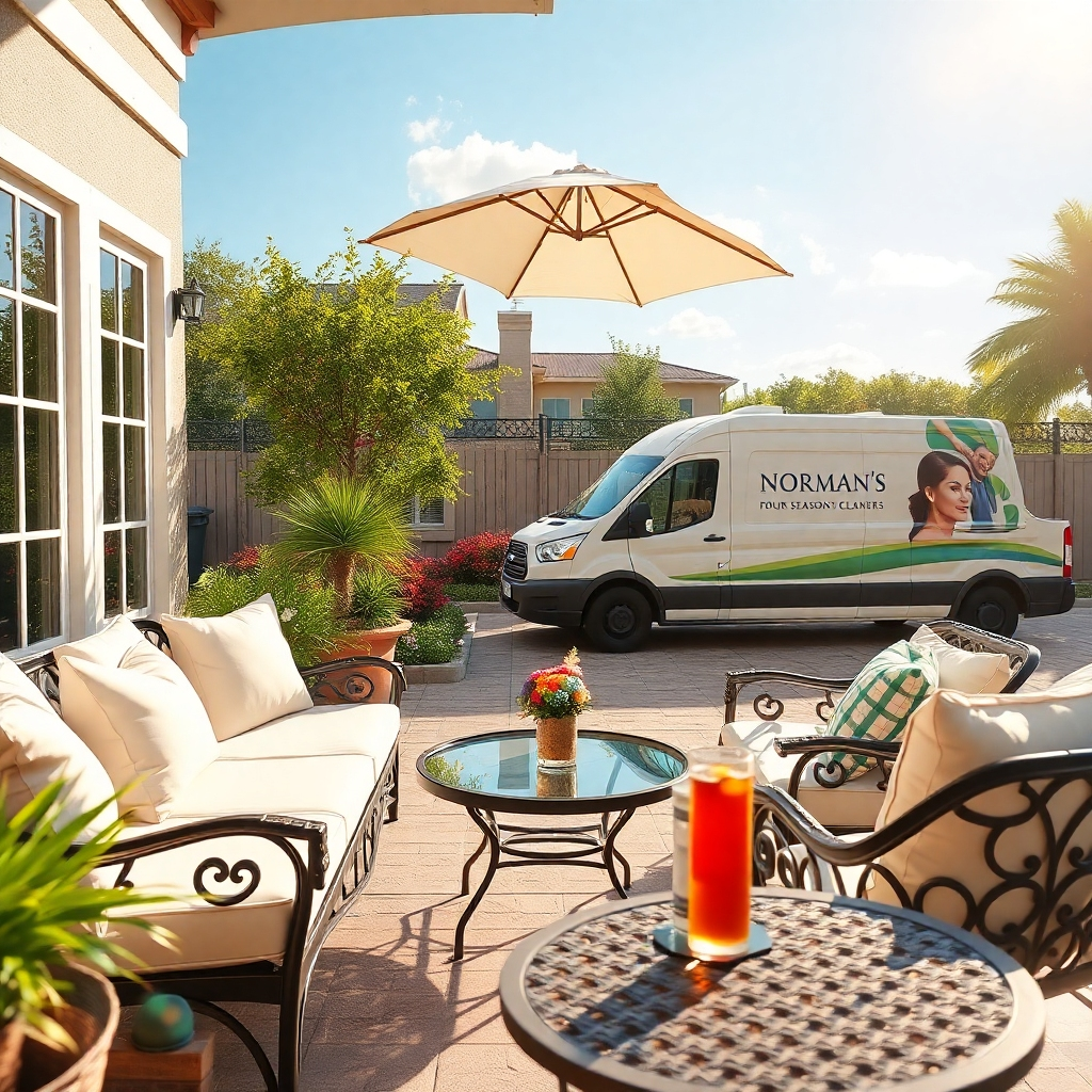 A photorealistic image depicting a sparkling clean outdoor patio space on a hot summer day.  The furniture is neatly arranged, cushions are pristine, and there's a refreshing drink on a nearby table.  Subtly in the background, a Norman's Four Seasons Cleaners van is parked nearby, implying the recent cleaning. The scene should exude summer vibes with bright sunshine and comfortable elegance.