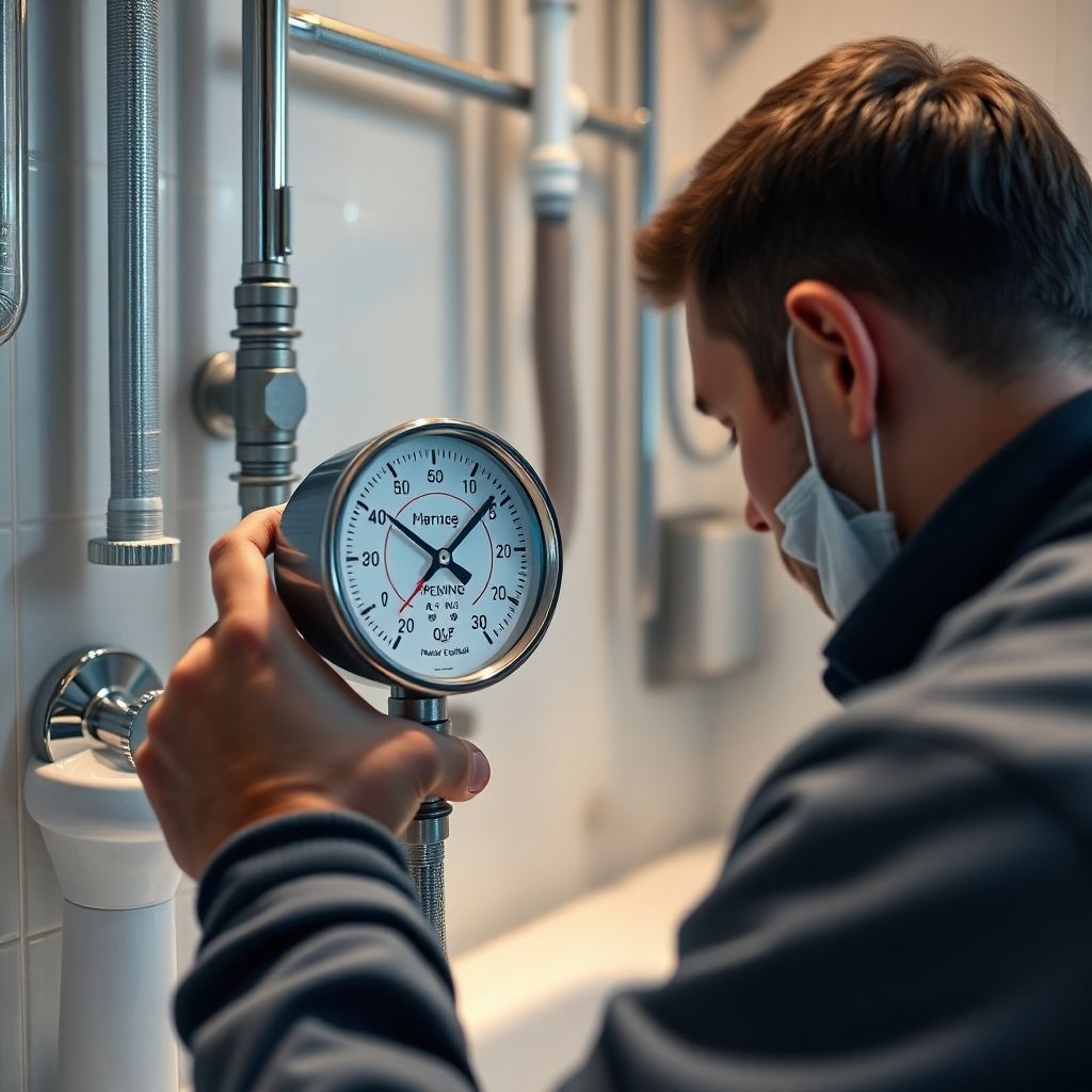 A photorealistic image depicting a plumber using a pressure gauge to check water pressure at a faucet, with various pipes and fittings visible in the background, showcasing a slightly low pressure reading on the gauge. The setting should be a clean, well-lit domestic bathroom with subtle hints of water damage in a corner.