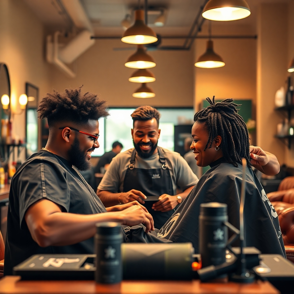 A photorealistic image depicting three diverse barbers working together in a clean, friendly environment, with each one smiling while engaging with a different client. The lighting is warm, with a bright, open feel. The color palette features warm earth tones and touches of copper. The angle is from slightly above and in front of the group.  Use high-quality textures to convey the feeling of comfortable furniture, leather accents, and high-quality tools and products.  There should be some subtle branding elements visible in the shop (logo, etc).  The overall aesthetic should evoke a feeling of welcoming community and professional service.