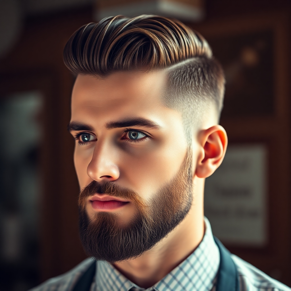 A photorealistic image depicting a stylish man with a classic haircut and well-groomed beard. The background should be slightly blurred, focusing on the man's hair and face. The lighting is soft and natural, using warm tones to create a classic and sophisticated look.  The overall style should feel elegant and classic, referencing vintage barber shop imagery.