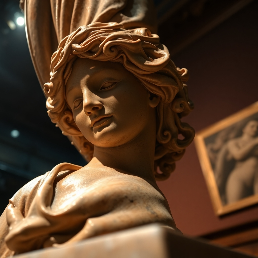 A photorealistic image depicting a restored antique sculpture, gleaming under soft, focused lighting. The texture of the sculpture's material, whether marble, bronze, or wood, should be clearly visible, showcasing the fine details and the artistry of the restoration.  The background could be a dimly lit museum or gallery, emphasizing the artifact's importance and historical significance. The camera angle should be slightly low, emphasizing the grandeur and magnificence of the restored object.  The overall mood should reflect the object's restored glory and the careful craftsmanship involved.