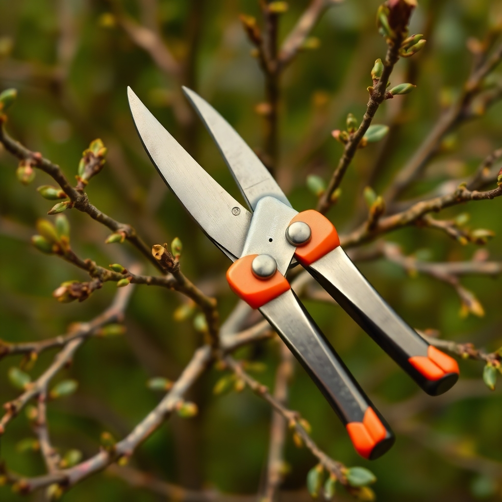 A photorealistic image focusing on the precision of pruning shears against a background of neatly pruned branches. High contrast to showcase detail and precision. Resolution: 4K, High-quality