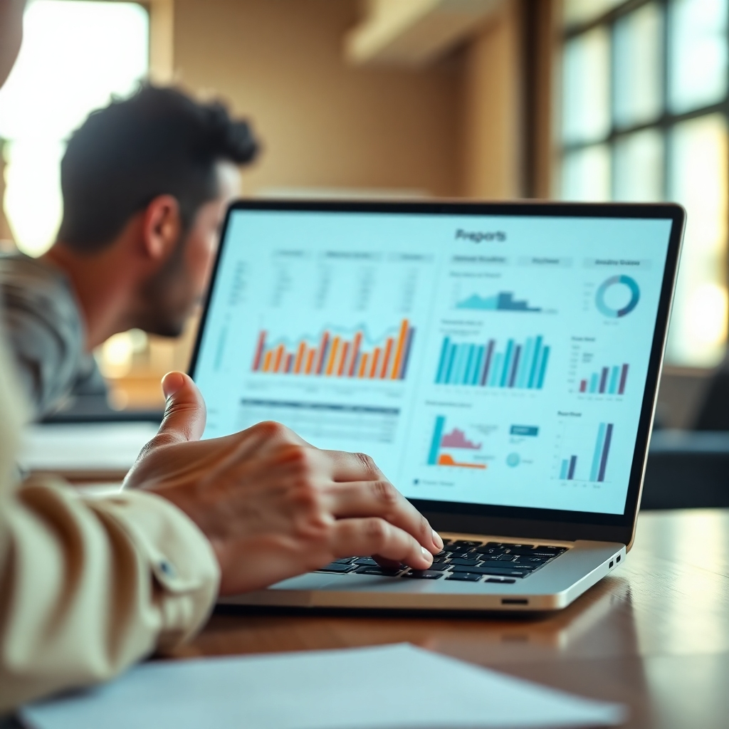 A photorealistic image, high quality, showing a person looking thoughtfully at a well-organized financial report on a laptop screen.  The setting is a modern, bright office with natural light.  The color palette is warm and inviting, with earth tones and soft lighting. The focus should be on the hands hovering above the keyboard as if explaining the content.  The background should be slightly blurred, emphasizing the report.  Technical specs: 4k resolution, high quality, emphasizing details and clarity.