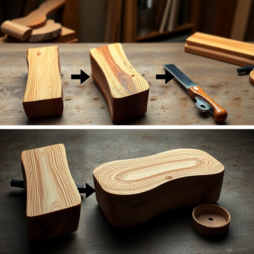 A photorealistic image highlighting the transition from a rough piece of wood to a beautifully finished product, highlighting the different steps and tools involved.