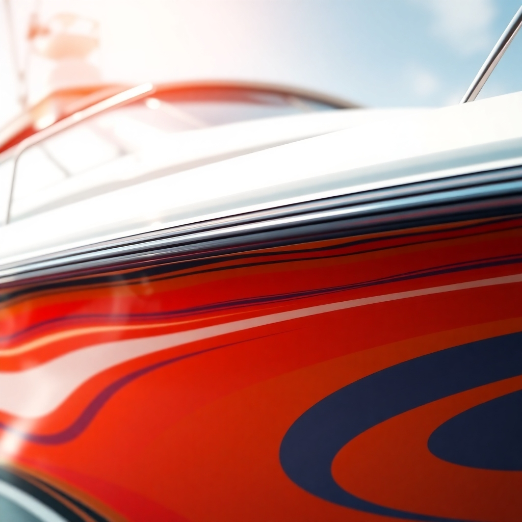A photorealistic image highlighting the protective coating process on a boat's surface. The focus should be on the protection and long-term preservation of the boat's paintwork and surfaces. The color palette is vibrant, clean and modern. Technical specs: 4K resolution, focus on protective coating