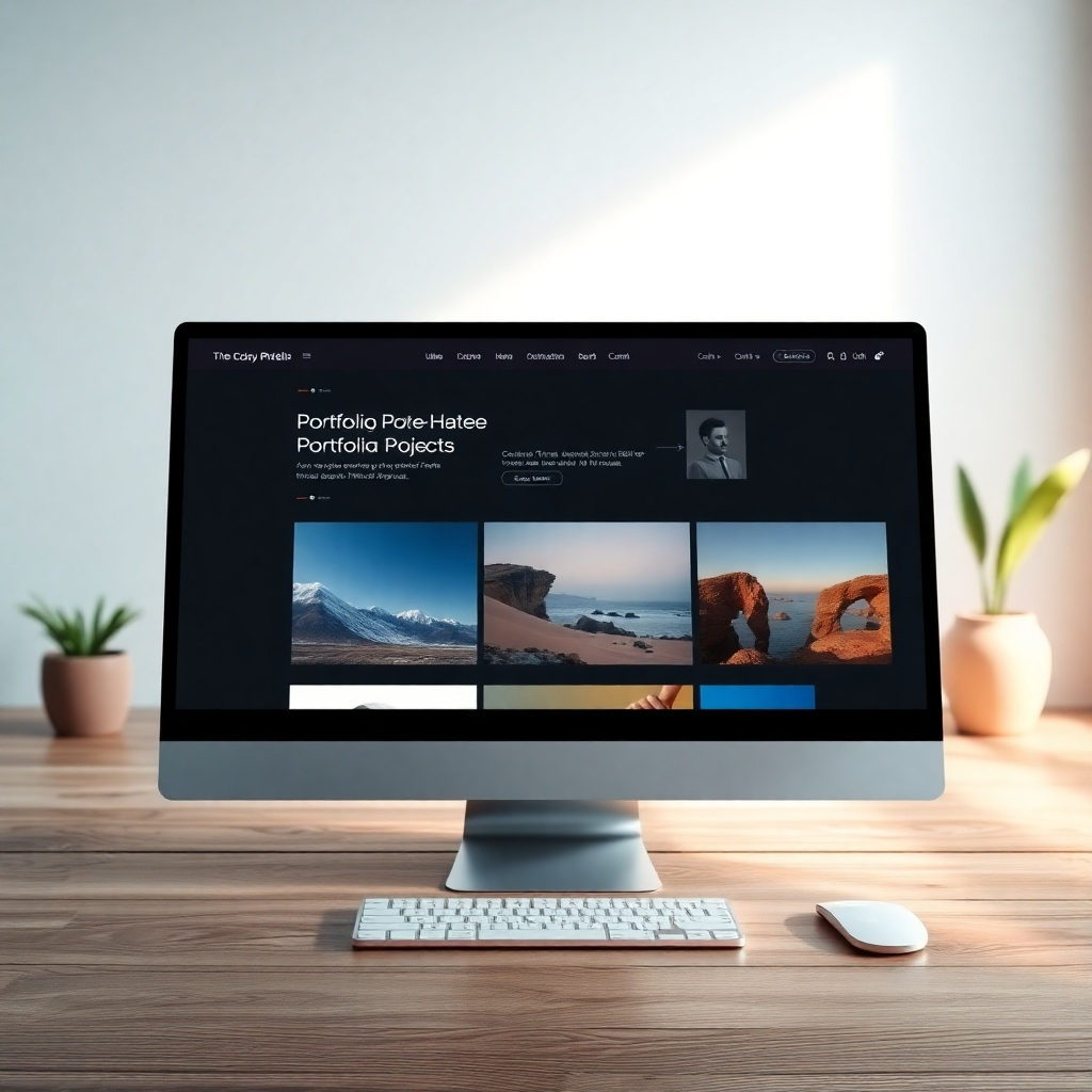 A photorealistic image in 4K, showcasing a high-quality online portfolio. The focus could be on a clean and aesthetically pleasing website with different sections representing different projects. The website's style should be clear and sophisticated.  Lighting should focus on the sharpness of the images. The textures should represent high-quality design, using materials such as wood, metal, or glass for visual appeal.