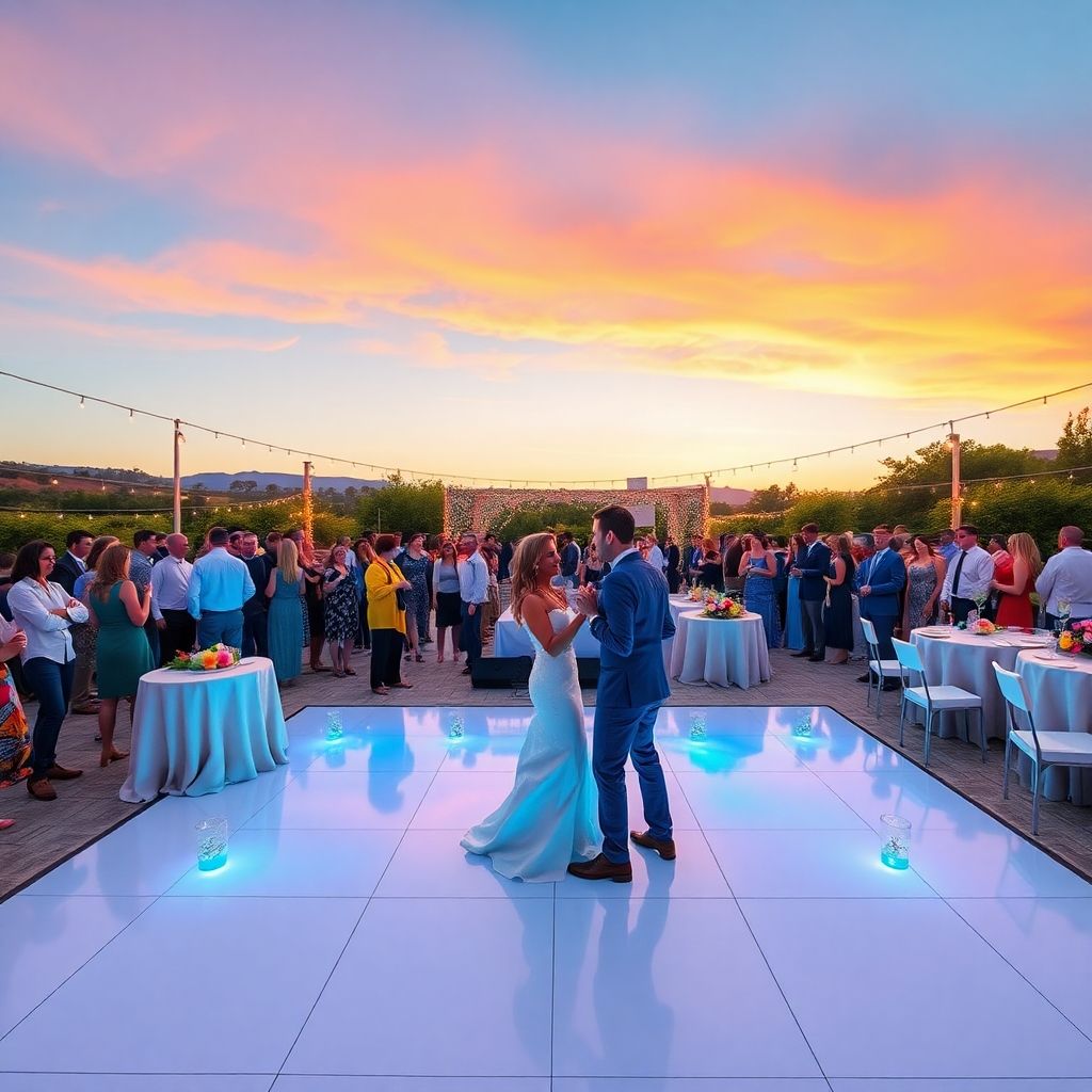 A photorealistic image, in 8K resolution, portraying the seamless coordination of an outdoor wedding reception. The scene unfolds at sunset, under a clear sky, with soft, warm lighting. The color palette is vibrant yet harmonious, incorporating soft pastels, deep blues, and warm sunset hues.  The composition showcases a wide shot of the entire event unfolding: guests mingling happily, servers expertly attending to their needs, a band playing lively music, and the wedding couple gracefully sharing their first dance on a beautifully illuminated dance floor. The image features a wide-angle perspective, taking in the entire expansive space and beautifully arranged decorations.  The image style is inspired by the work of renowned lifestyle photographer Annie Leibovitz, capturing candid moments and conveying a sense of natural joy and elegance.  Textures should include the smoothness of the dance floor, the texture of the linen tablecloths, and the natural textures of the surrounding landscape.  The entire image conveys a feeling of refined elegance, seamless organization, and joyous celebration, showing the expert handling of all logistics.