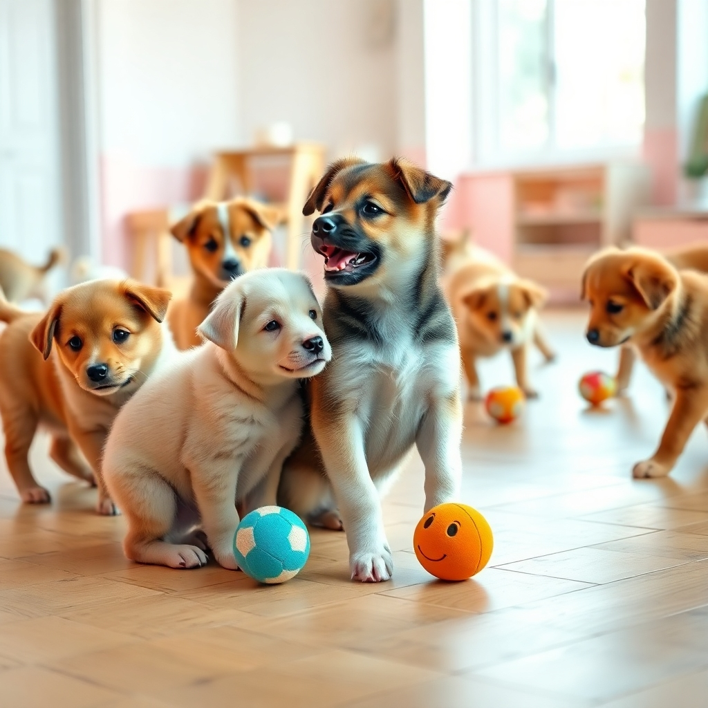 A photorealistic image, in 8k resolution, showing a group of puppies of different breeds playfully interacting in a brightly lit, spacious indoor play area. The image should showcase a warm, inviting atmosphere with soft, diffused lighting. The color palette should be vibrant and playful, filled with the soft pastel colors of puppy fur and toys. The camera angle should be from a slightly elevated position, allowing for a comprehensive view of the interaction. Include various textures, such as soft puppy fur, plush toys, and the wooden flooring.  The background features a slightly out-of-focus backdrop of soft pastel walls with a calm and inviting mood.  The overall style should be similar to heartwarming pet photography. Ensure the puppies' movements are natural and playful,  capturing the innocence of their interactions. Details such as individual puppy markings, textures and expressions should be ultra-detailed.  The composition is harmonious and lively, representing a joyful and safe environment for socialization.