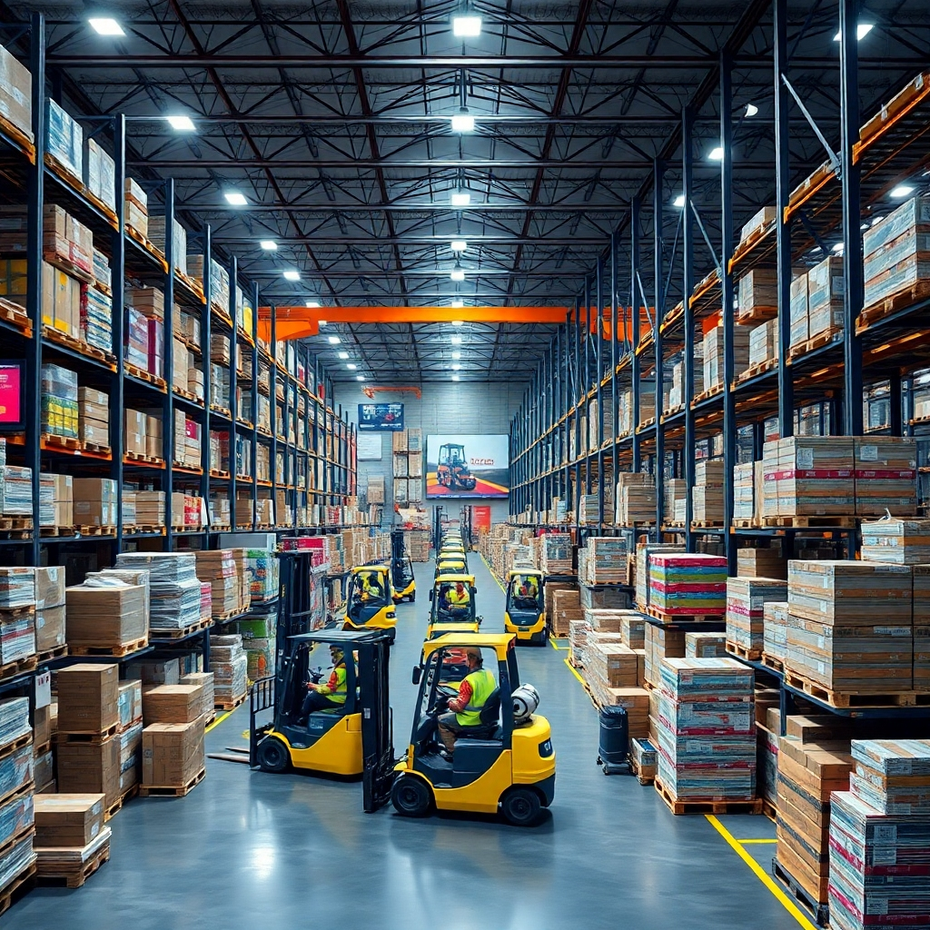 A photorealistic image in 8K resolution, showcasing a modern, efficient freight management and logistics operation. The central focus is a well-organized warehouse interior, teeming with activity but maintaining order.  Numerous pallets of diverse goods are neatly stacked, with forklifts moving efficiently between them.  Workers in high-visibility vests are engaged in their tasks, highlighting a sense of teamwork and precision.  The lighting should be bright and crisp, capturing the energy of the operation. The color palette is vibrant yet realistic, reflecting the variety of goods being handled.  The perspective is from a slightly elevated vantage point, offering a comprehensive view of the warehouse's organized chaos.  The background should feature elements of advanced logistics technology, such as digital screens displaying shipment information and automated systems in operation.  The mood is one of efficiency, precision, and reliability.  Hyperrealistic texturing is critical to showcase the various materials of the goods, warehouse flooring, and equipment.  The style references renowned industrial photographers, such as Andreas Gursky, striving for sharp details and an overall clean aesthetic.  Consider subtle motion blur to convey the dynamic nature of the operation. Aim for a sharp focus on details and incorporate ambient lighting to create a sense of realism.