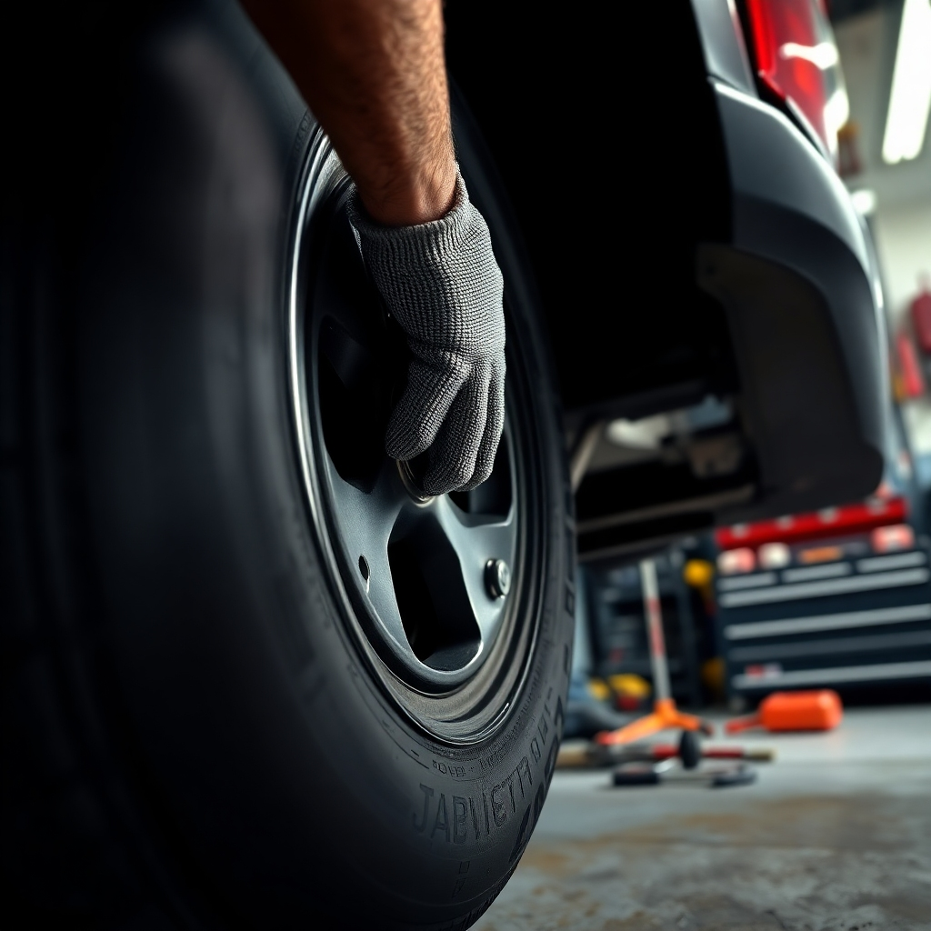 A photorealistic image, in the style of a National Geographic photograph, with 8K resolution, showing a close-up of a mechanic's hands expertly rotating a tire on a vehicle. The lighting is dramatic, with focused light on the mechanic's hands and the tire. The color palette is rich and detailed, accurately showing the textures of the tire and the tools.  The scene is set in a J&B New and Used Tires garage bay; tools are neatly arranged in the background.  The camera angle is low, emphasizing the mechanic's skill and the detail of the tire's tread. The texture of the tire, the mechanic's gloves, and the tools are rendered with hyperrealistic precision. Environmental elements include various tools, a partially visible vehicle, and the overall shop environment.   The background is slightly blurred, keeping the focus on the tire rotation process. The mood is one of professionalism and expertise. The composition is clean and balanced, with the mechanic's hands and the tire as the central focus.  The image aims for a hyperrealistic, ultra-detailed representation of a routine tire rotation, showcasing the shop's commitment to quality service.