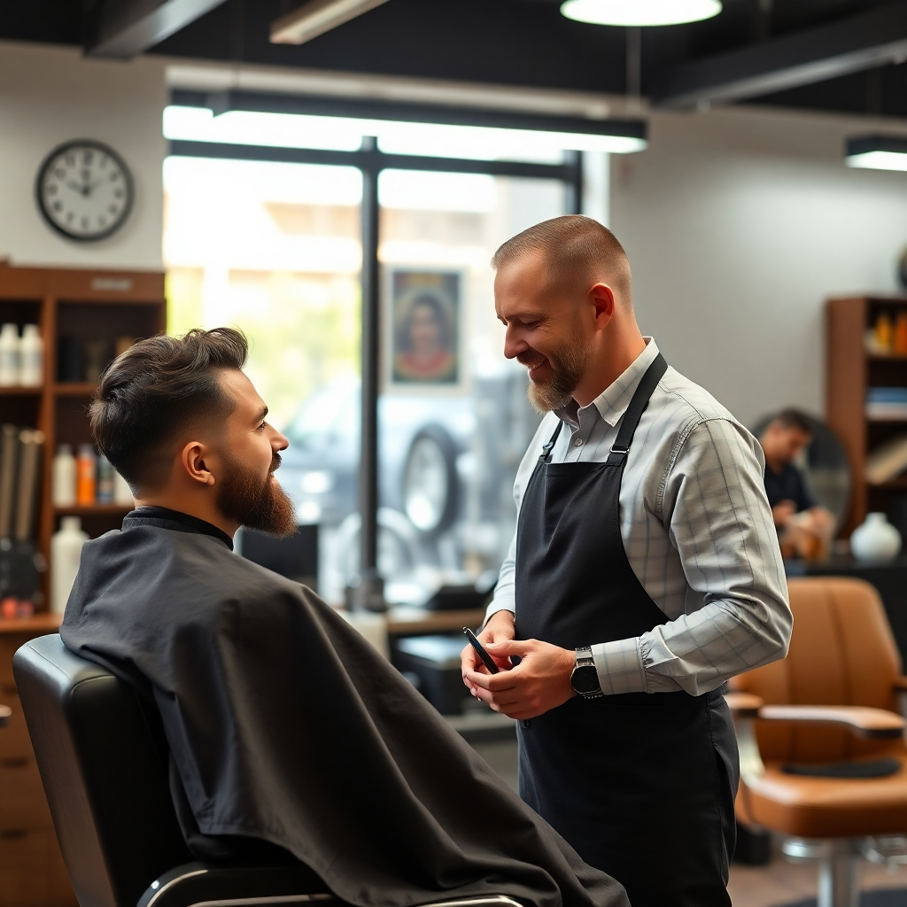 A photorealistic image of a barber and client having a friendly and professional consultation in a comfortable barber shop setting. The image should highlight clear and open communication between the two individuals.