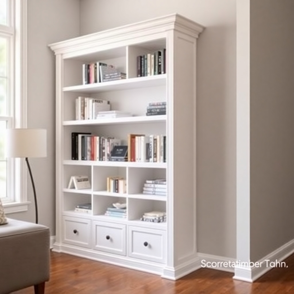 A photorealistic image of a beautifully finished custom-built bookshelf, showcasing clean lines and high-quality craftsmanship.