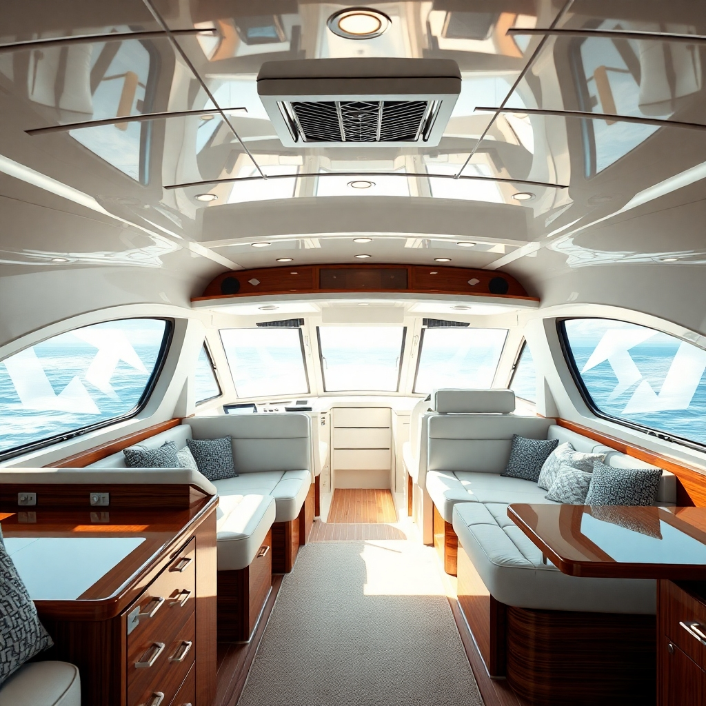 A photorealistic image of a boat's interior, showcasing how it is clean and well-maintained. The camera angle should highlight the luxurious and comfortable environment. Bright and warm lighting. Technical specs: 4K resolution, focus on textures and details