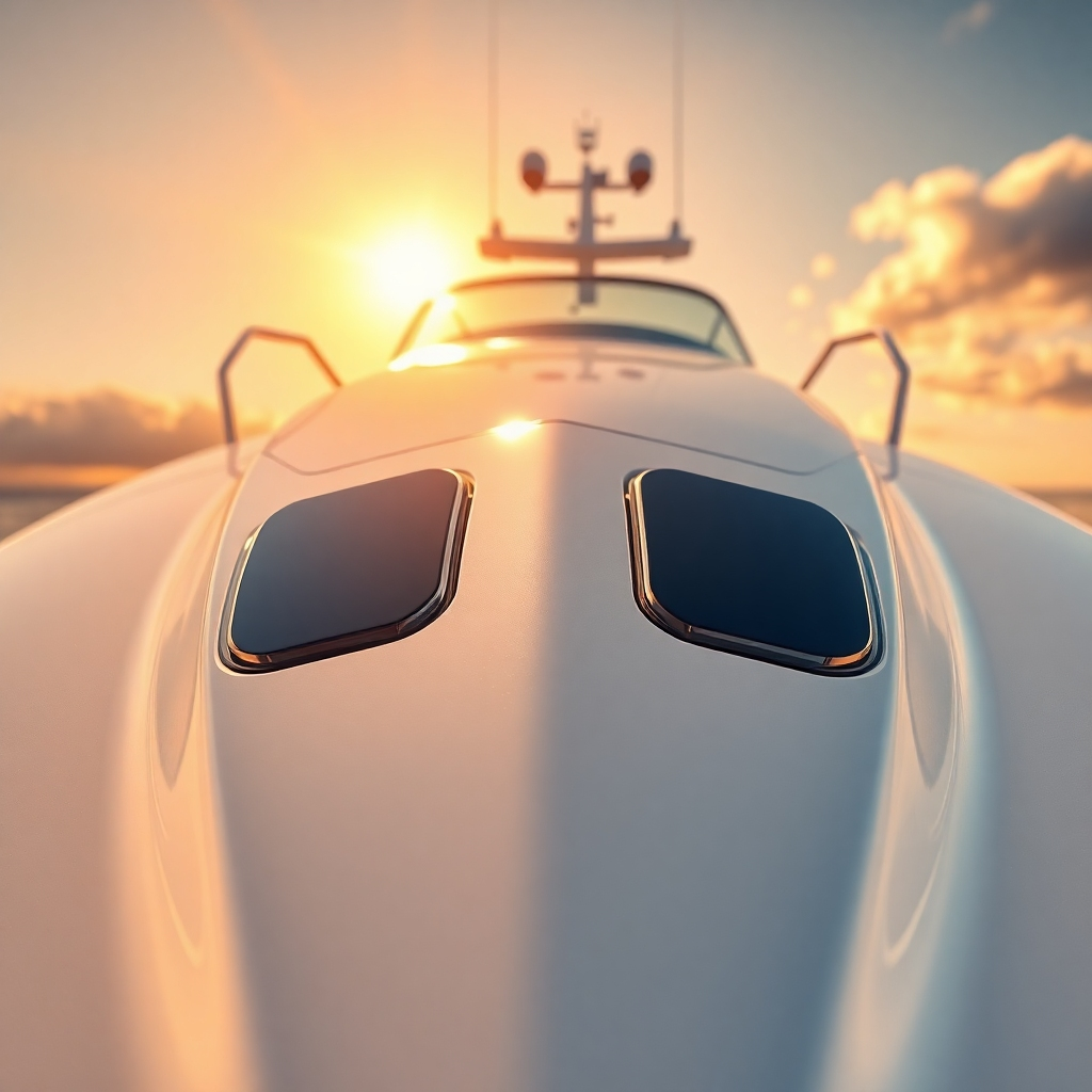  A photorealistic image of a boat gleaming in the sun after the cleaning process. The image should emphasize the smoothness and shine of the boat. The color palette is vibrant and reflects the shine. The camera angle is medium-wide, showcasing the boat in its entirety. Technical specs: 4k resolution, high dynamic range (HDR) for enhanced clarity