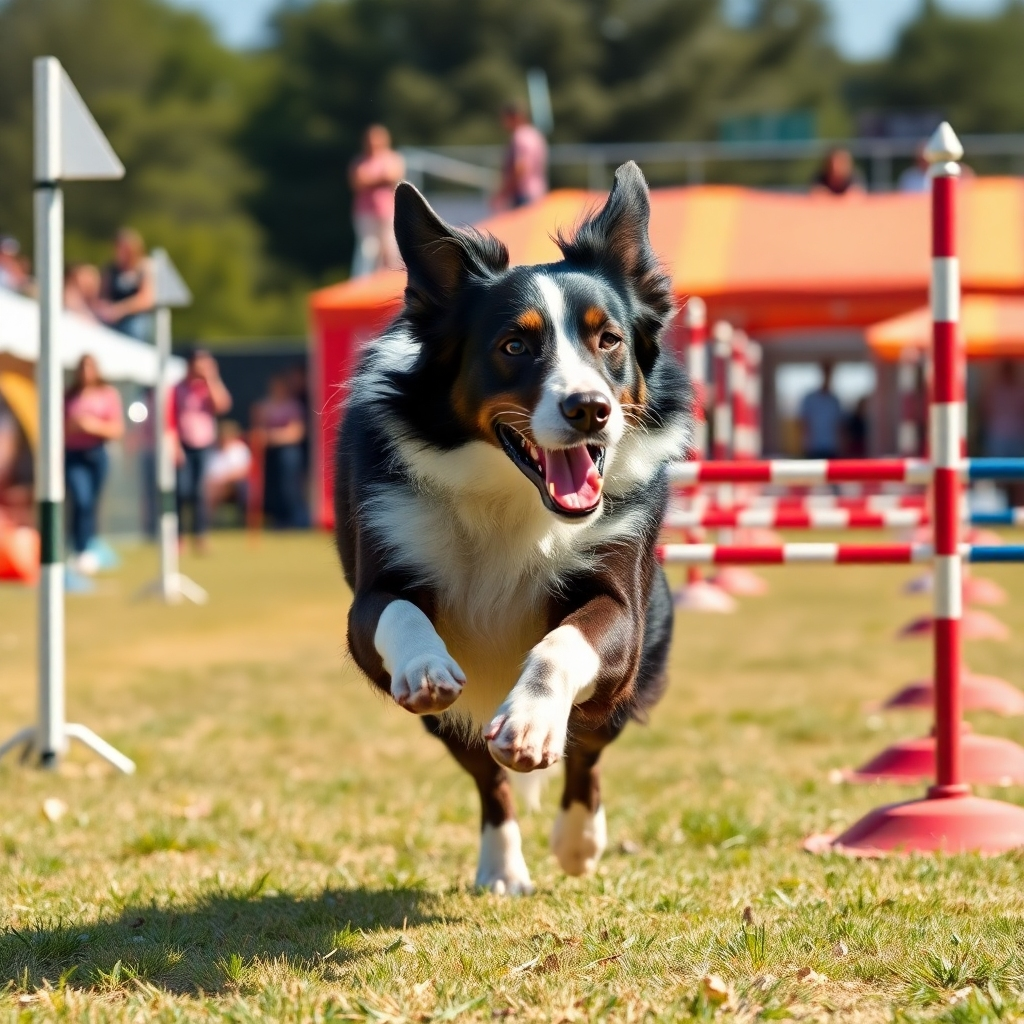 A photorealistic image of a border collie navigating an agility course with speed and precision. The course should include obstacles like jumps, tunnels, and weave poles. The background should be a vibrant, sunny outdoor setting, possibly with spectators watching. The image should capture the dog's athleticism and intelligence.