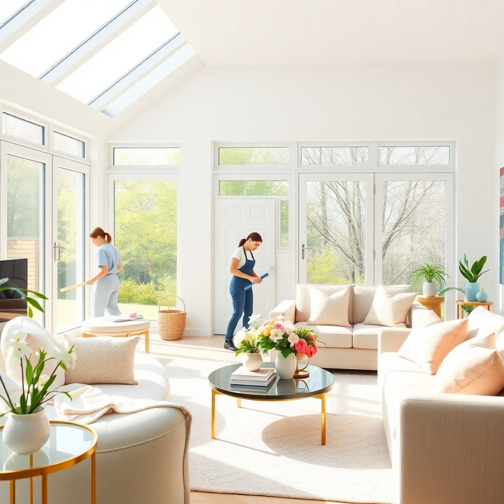 A photorealistic image of a bright, sunny living room, with large windows letting in natural light.  A cleaning crew is subtly visible in the background, tidying up and dusting.  The room is clean, organized, and filled with spring-like decor, such as fresh flowers and pastel-colored throw pillows.  The overall mood is cheerful and refreshing.