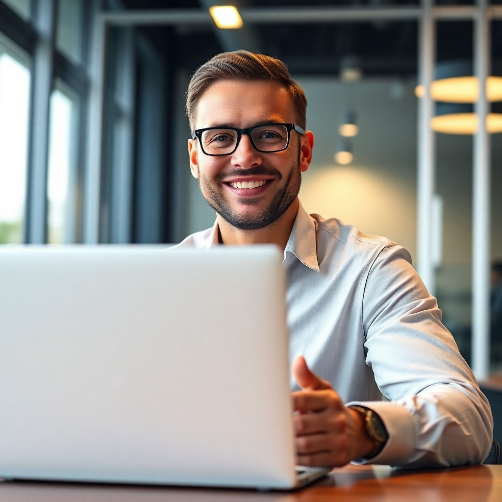 A photorealistic image of a business owner smiling confidently in front of a laptop displaying positive online reviews and a graph showing upward trending business growth. The background should be a modern, well-lit office.
