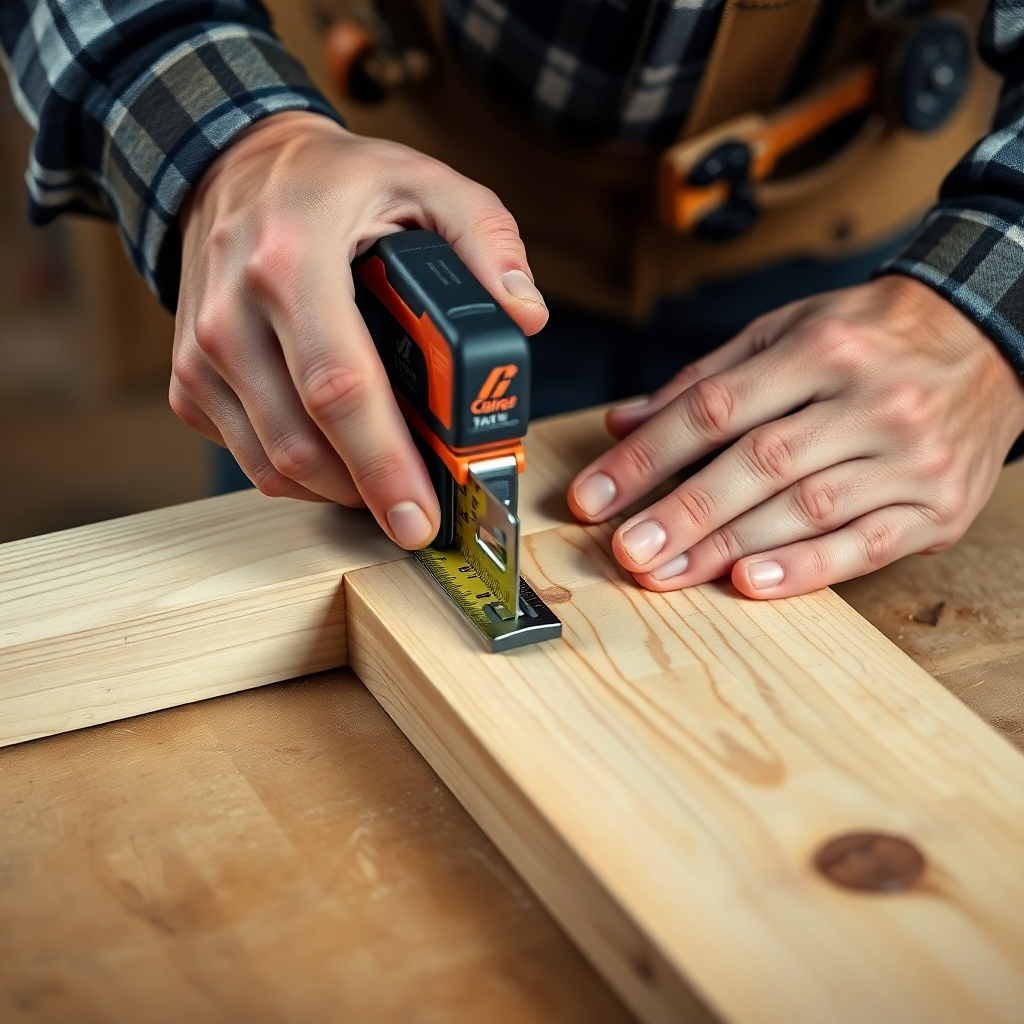 A photorealistic image of a carpenter's hands using a tape measure and precision saw to create a perfectly straight cut in a piece of wood. Focus on the precision and detail of the task.