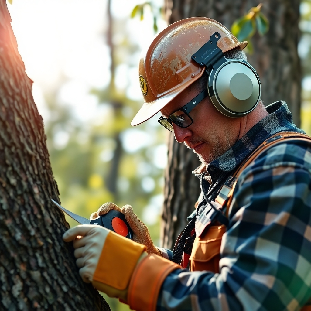 A photorealistic image of a certified arborist meticulously inspecting a tree with advanced tools. The image should highlight the arborist's focus and precision.  Use a natural light setting, showcasing a realistic work environment. Include details of the arborist's equipment and the tree's condition. The composition should emphasize the arborist's careful approach. Resolution: 4K, High-quality