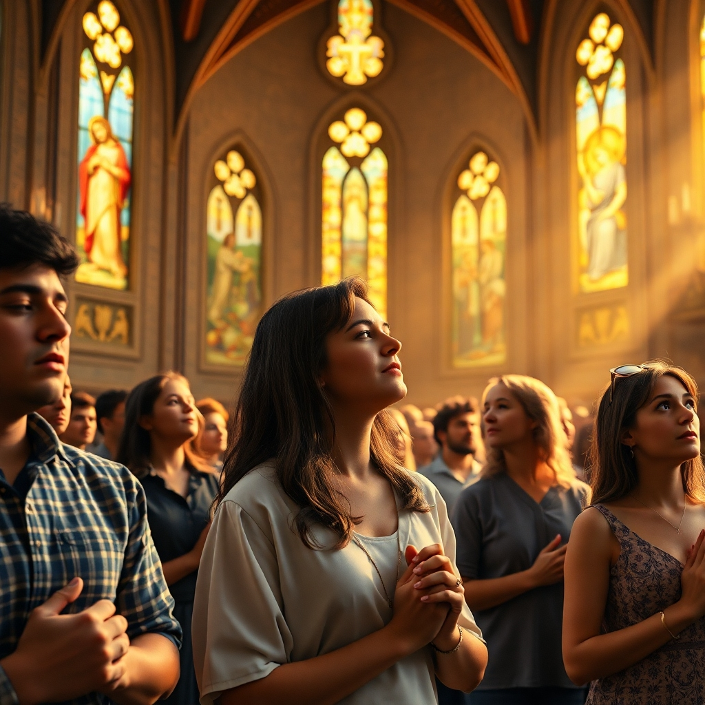 A photorealistic image of a church sanctuary filled with people in quiet prayer and worship, hands clasped, eyes closed, bathed in soft, golden light from stained-glass windows depicting biblical scenes.  Focus on peaceful serenity and spiritual connection. High detail, 8k resolution, hyperrealistic rendering