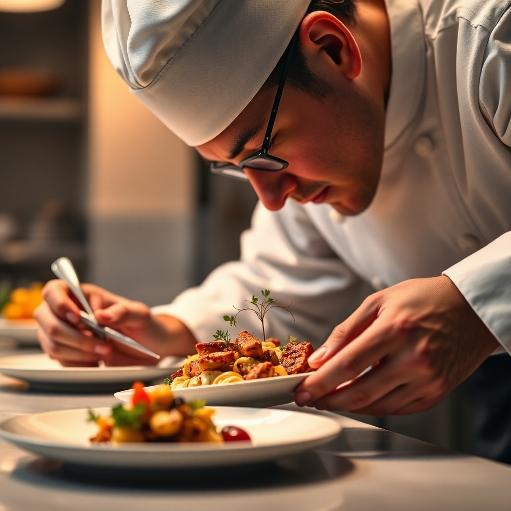 A photorealistic image of a chef meticulously plating a dish, focusing on the artistic arrangement of food. The composition is close-up, showcasing the intricate details of the plating. Lighting is warm and soft, highlighting the textures and colors of the food. The color palette should be warm and inviting, with rich textures. The camera angle is slightly elevated. Texture details are critical; showcasing the food's texture and visual appeal. The environment is a clean, well-lit kitchen. The style references artistic food photography.  The resolution is 4K and the image should be high quality.