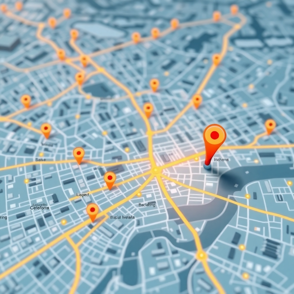 A photorealistic image of a city map with highlighted locations representing various business listings, overlaid with a virtual arrow pointing towards a specific business location. The image should illustrate increased website traffic and local customer engagement.