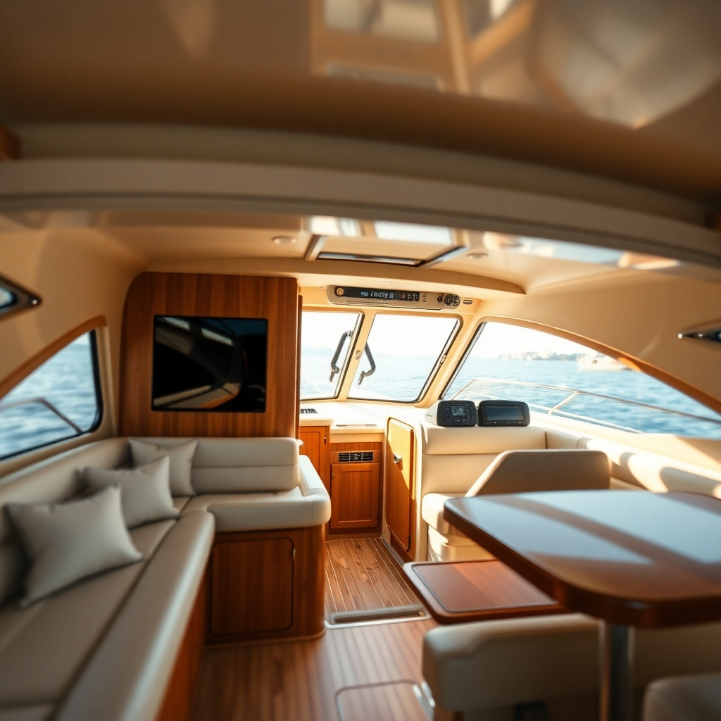 A photorealistic image of a clean and well-maintained boat interior. Focus on the comfort and luxurious aspect. The color palette should be warm and inviting. The camera angle should be slightly low, highlighting details and luxurious features.  Technical specs: 4K resolution, shallow depth of field