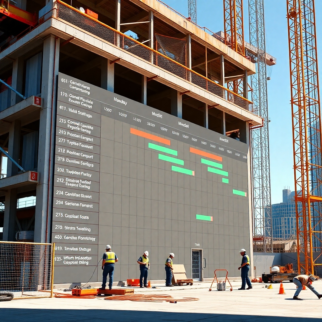 A photorealistic image of a construction site with a large digital Gantt chart projected onto a building, showing tasks, timelines, and resource allocation.  The image should be bright, clear, and show workers actively engaged in various tasks.  Focus should be on the integration of the digital schedule and the physical work.