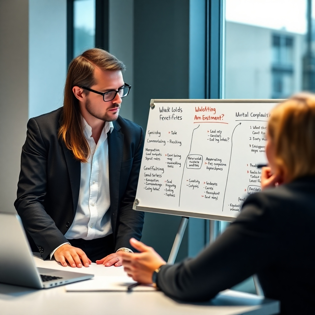 A photorealistic image of a consultant working closely with a client, using a whiteboard to map out strategies and problem-solving steps.