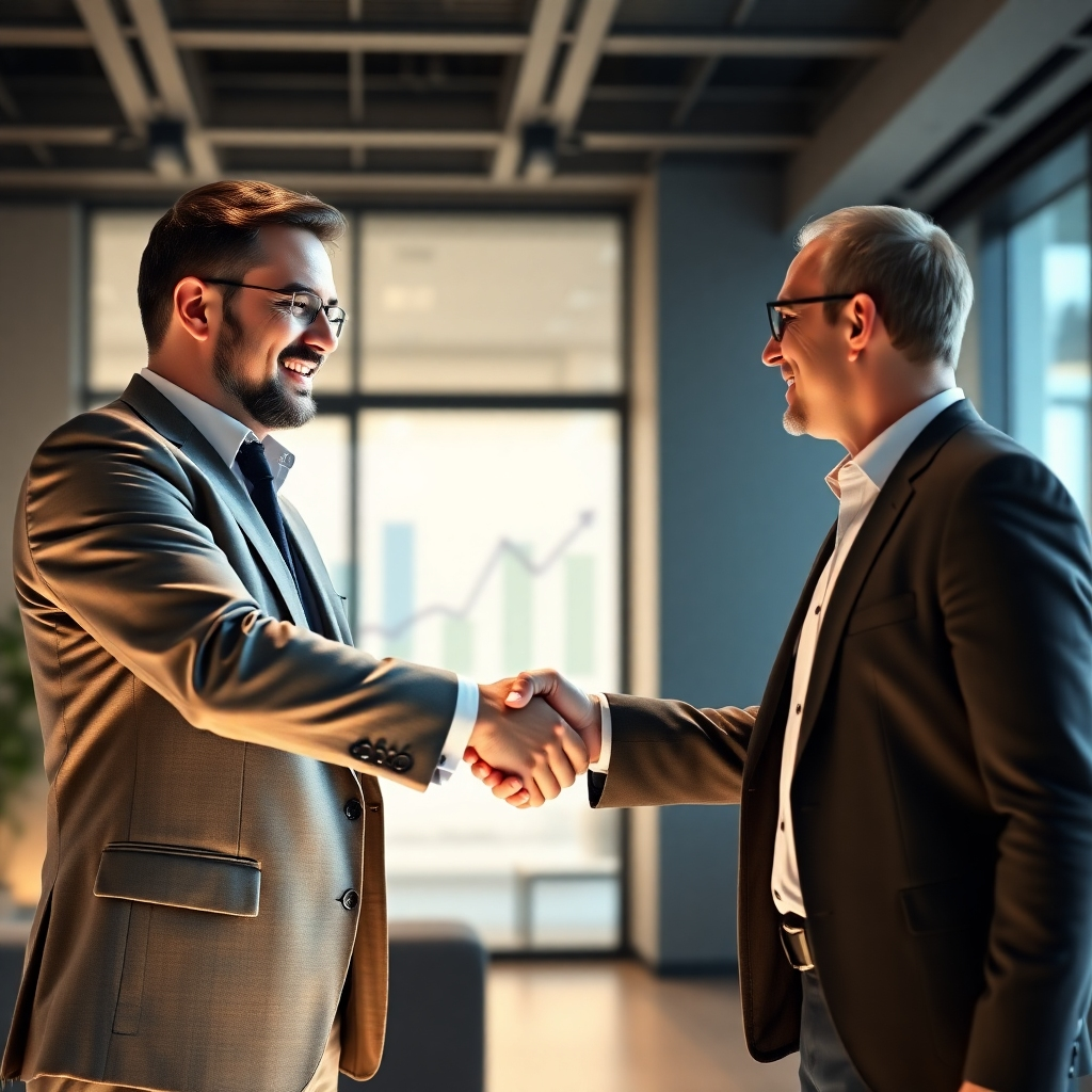 A photorealistic image of a confident business leader shaking hands with an investor in a modern, well-lit office space.  The background should subtly showcase financial charts reflecting positive growth and success.  The overall feeling should represent a successful funding partnership and business collaboration.