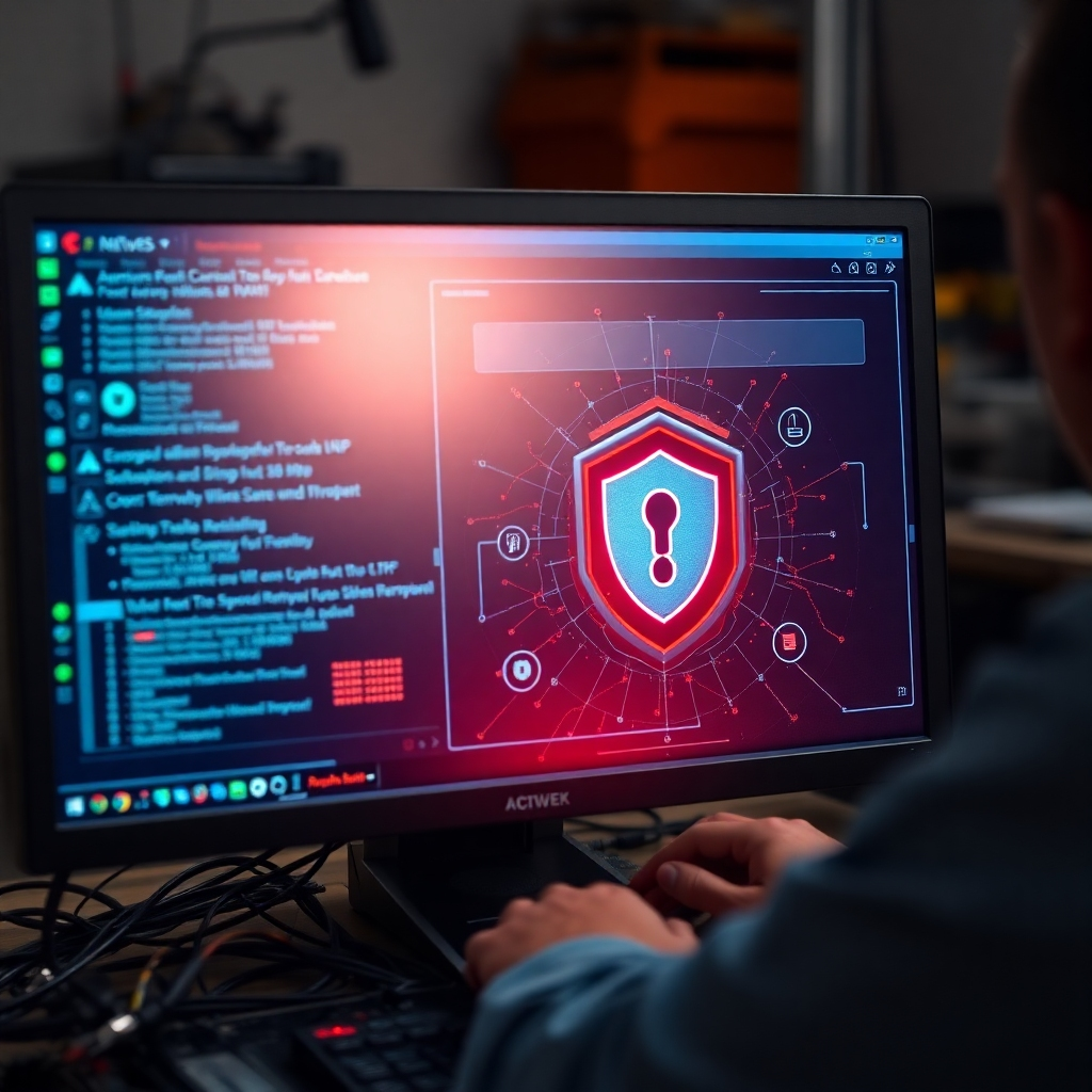 A photorealistic image of a computer screen displaying a sophisticated antivirus program actively scanning and eliminating malware threats.  The background should show a technician working on the computer, subtly blurred, with tools and cables visible. The screen's graphical representation of malware removal should be highly detailed and visually engaging, emphasizing the process's complexity.
