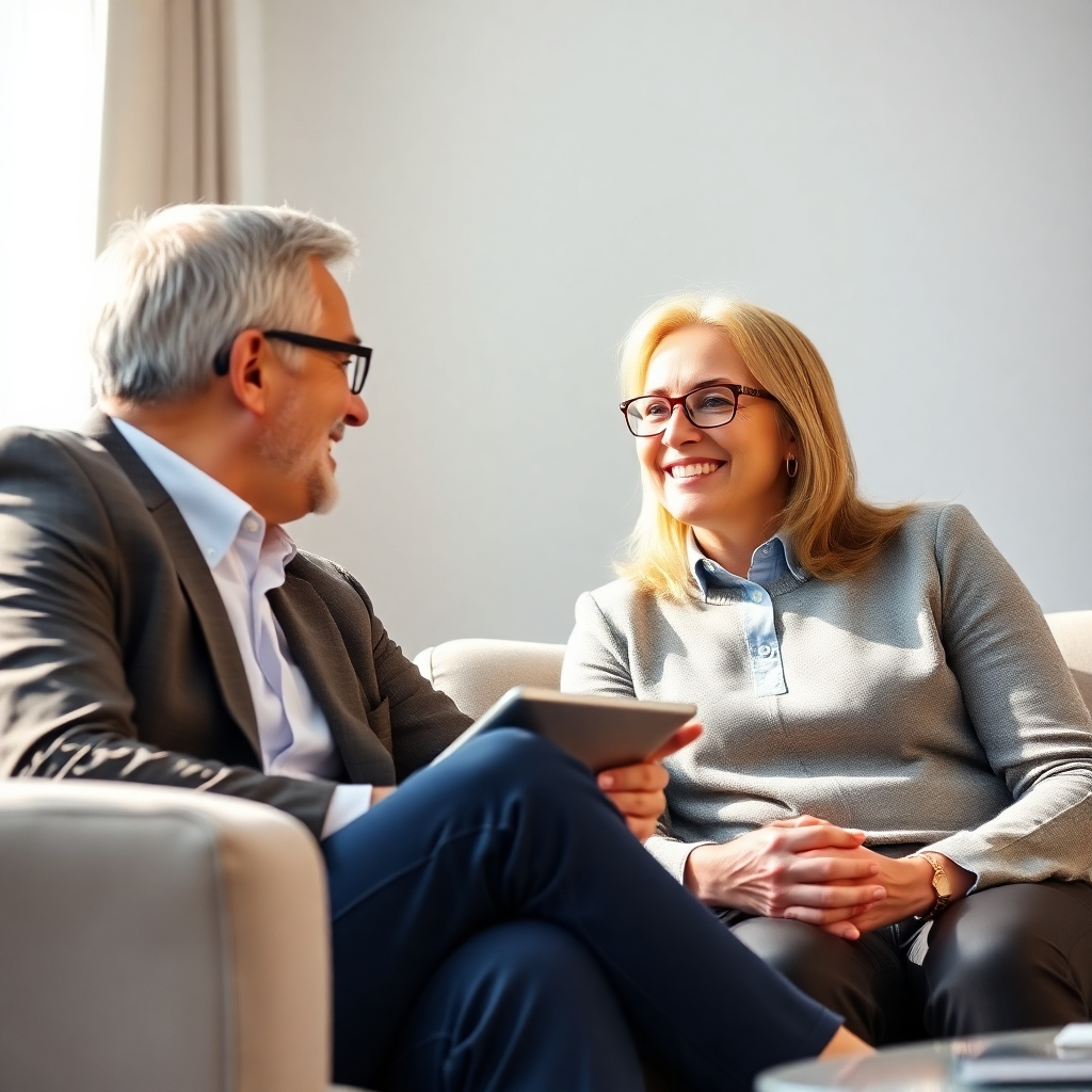 A photorealistic image of a coach and client engaged in a productive, positive coaching session, highlighting a friendly and supportive setting. The scene should be brightly lit, conveying a comfortable yet professional atmosphere. The style should emulate professional business coaching photography. The technical specs should be 4K resolution, high-quality rendering.