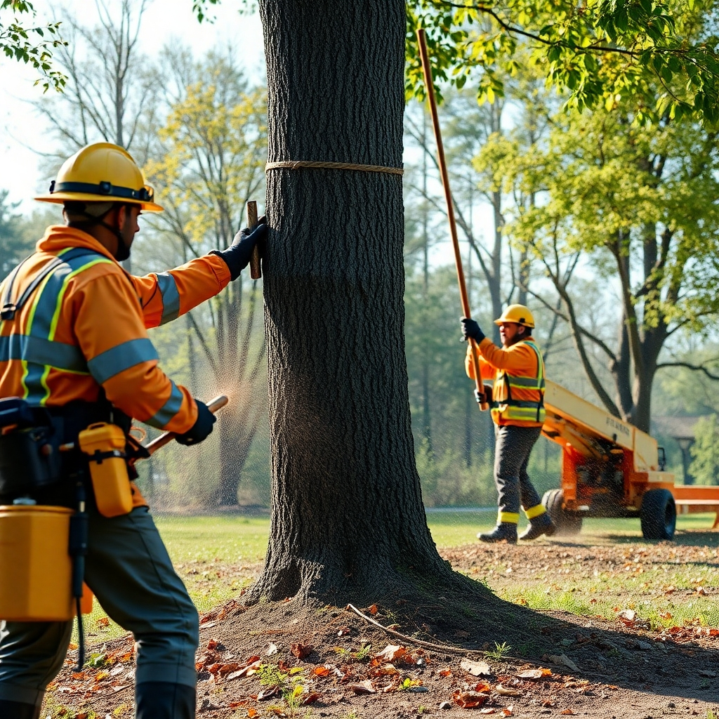 A photorealistic image of a controlled tree removal, highlighting safety procedures and specialized equipment. Show the clean-up process for environmental responsibility. Resolution: 4K, High-quality