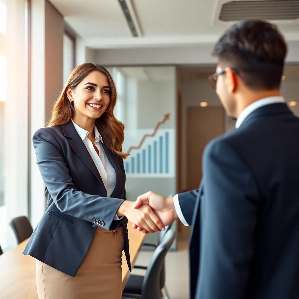 A photorealistic image of a confident businesswoman shaking hands with a banker in a modern office, with a graph showing upward growth in the background.  The office should be bright and sleek, symbolizing success and financial stability.  Focus on the positive body language and the celebratory feel.  High resolution, detailed, cinematic lighting.